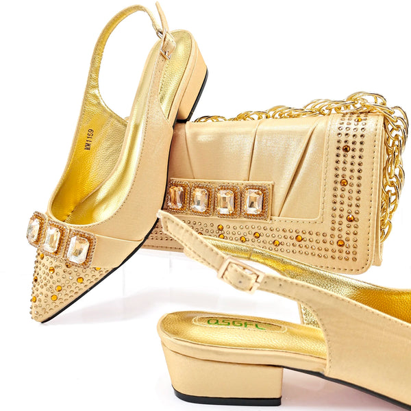Italian Design Rhinestone Pointed Toe Heels & Elegant Bag Set for Women's Parties