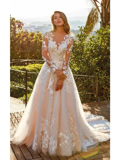 Elegant Sheer O-neck Wedding Dresses for Bride Lace Long Sleeves Appliques A Line Bridal Gowns