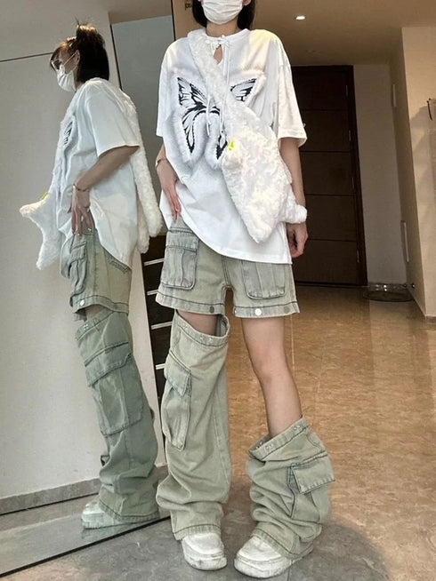 Detachable Design Tooling Jeans for Women – Gothic Retro High Street Style Wide Leg Pants, Perfect for Fall Outfits with Jeans and Casual Wear