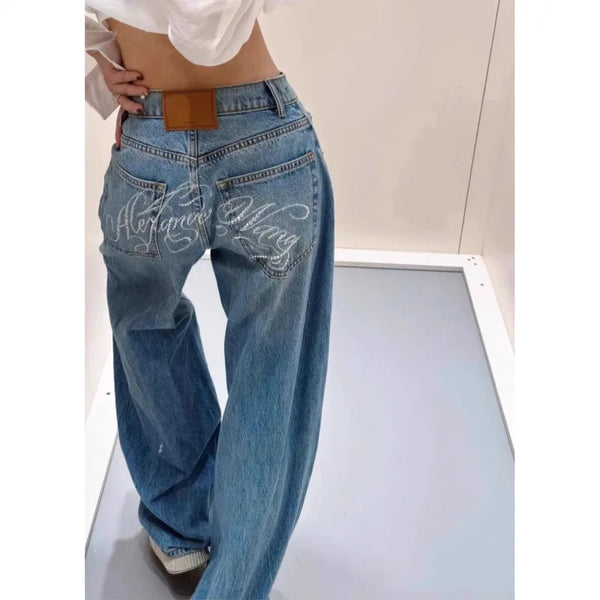 Distressed High Waist Straight Jeans For Women Denim Washed Pockets Zipper Fly Loose Fit