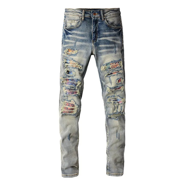 European and American Men's High Street Ripped Jeans, Youth Men's Slim Fit Ankle-Length Denim