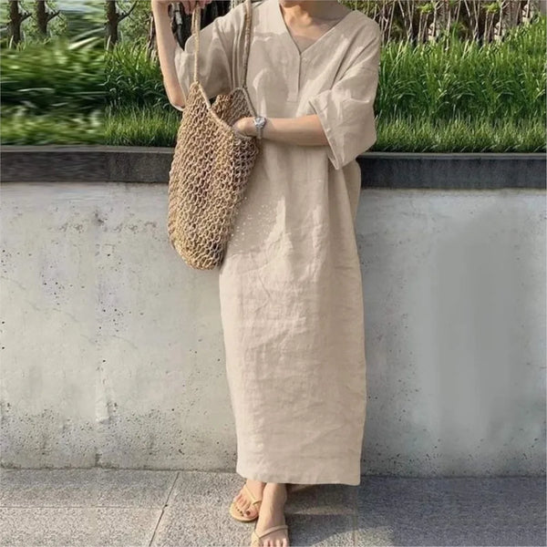 Cotton And Linen Dress For Women Summer Short Sleeve V-neck Casual Loose Long Dress Elegant Women's Clothing