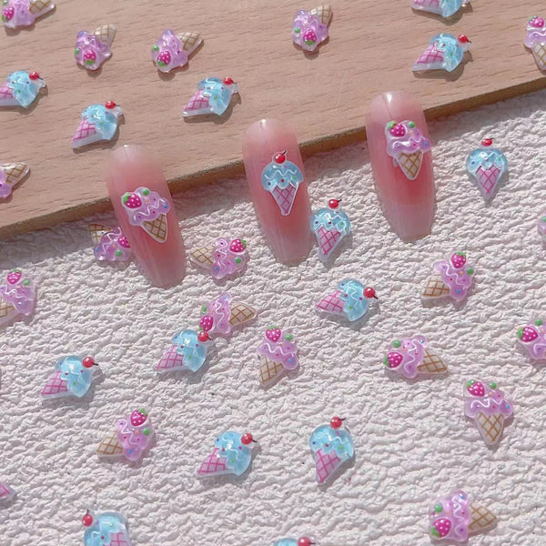 20pcs Adorable Kawaii Strawberry Ice Cream Cone Nail Charms - 3D Summer Fruit Nail Art Decoration for Manicure Accessories