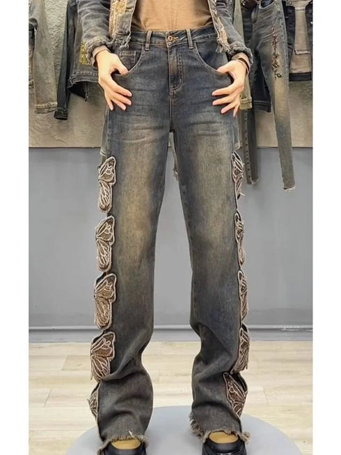 Y2K-Inspired Women's High Waist Denim Pants with Butterfly Embroidery - Loose Fit Straight Ripped Jeans Perfect for Streetwear and Fall Outfits with Jeans