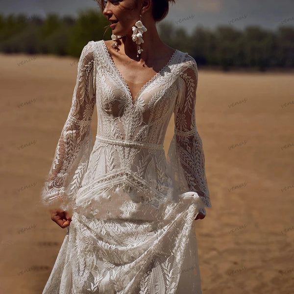 Bohemia Vintage Wedding Dresses For Women V-Neck Backless Gowns