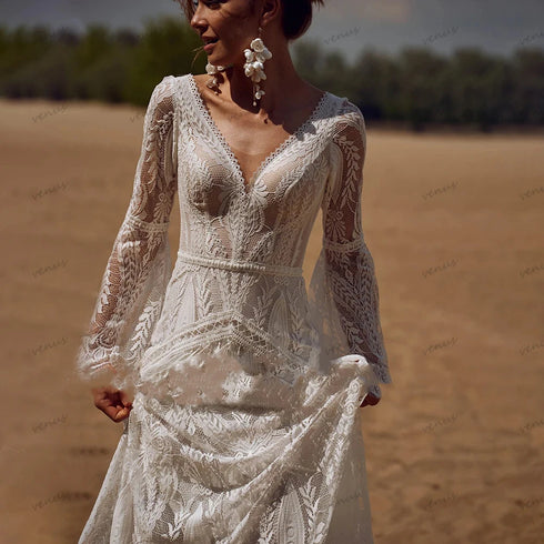 Bohemia Vintage Wedding Dresses For Women V-Neck Backless Gowns