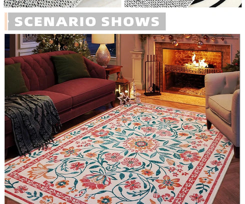 Floral Style Living Room Carpet Machine Washable Large Area Decorative Rug