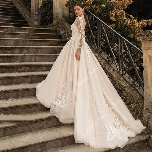 Dreamy A-Line Bridal Dress with Lace Long Sleeves and Illusion Print Backless Design