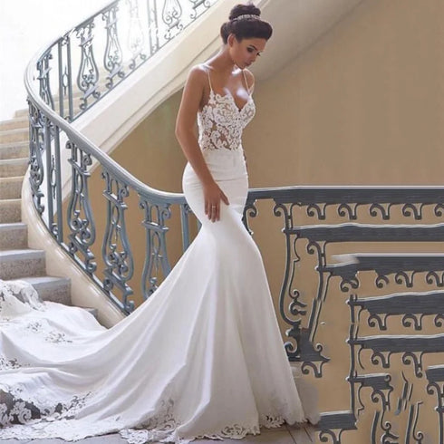 Customized Morden Lace Satin Mermaid Wedding Dresses Sleeveless Bridal Gown Simple Long Train