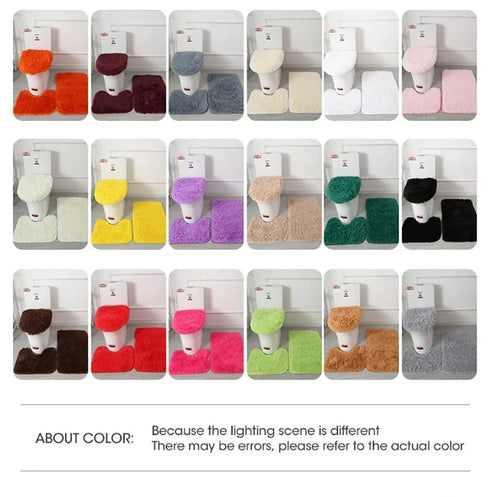 3 Piece Solid Color Bathroom Carpet Set Non-Slip Toilet Lid Cover Rugs Kit