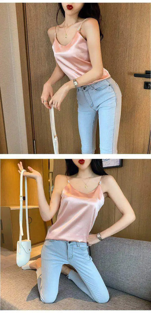 Satin Silk Backless Halter Crop Top for Women - Stylish Sleeveless Camisole Perfect for Summer Parties and Clubbing - Trendy Tank Top with Beaded Decoration and Open Back Design