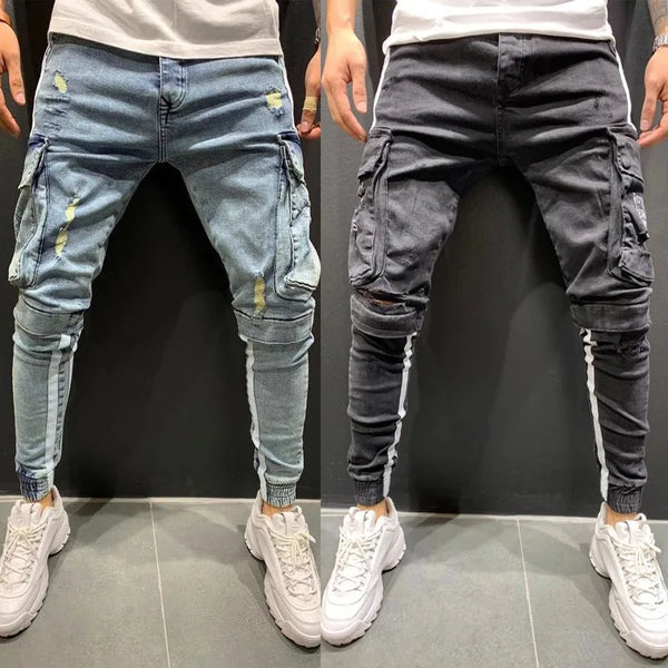 Men Jeans Denim Ankle Length Pencil Pants with Holes and Pockets