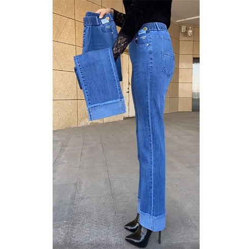 Elastic Waist Jeans For Women High Waist Wide Leg Denim Pants Loose Fit Casual Trousers
