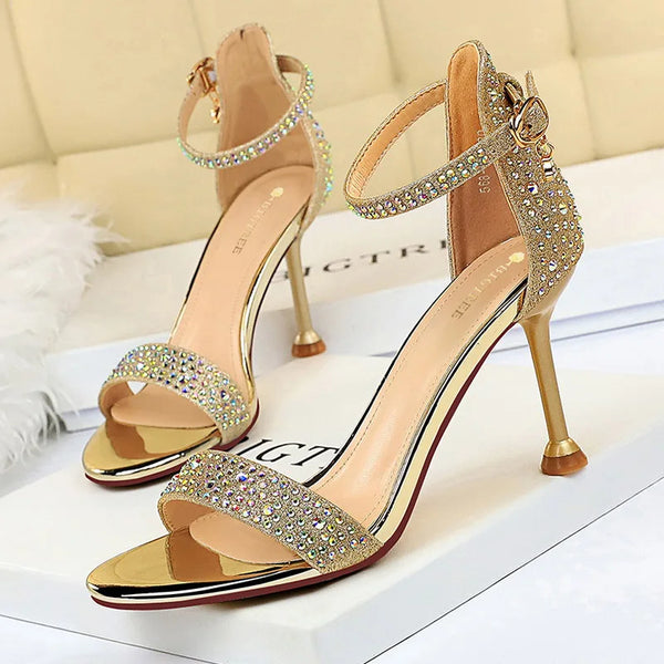 Golden Crystal Rhinestone Summer Heeled Sandals for Women's Events and Parties