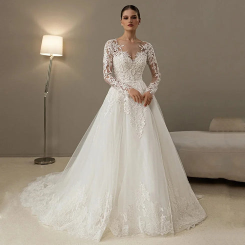 Luxury Long Sleeves Wedding Dresses with Pearls and Lace