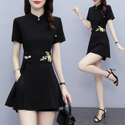 Women's Suit Chinese Style Outfits Matching Crop Top Shorts Two Piece Sets Summer Retro Cheongsam Lady Clothes