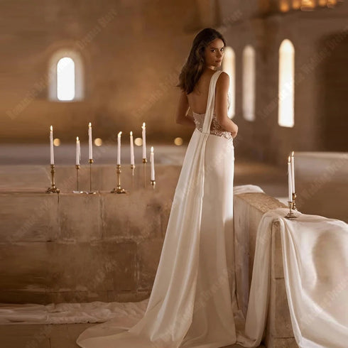Boho Lace Mermaid Backless Sleeveless Floor-Length Dress Wedding Dress With Floral Appliques