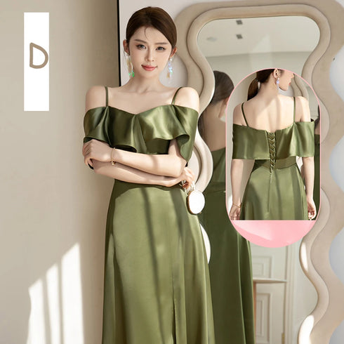 Backless Satin Sleeveless Ankle-Length Evening Dress for Bridesmaid Dress with Built-In Bra and Bow