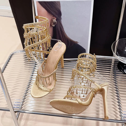 Elegant Crystal Tassel Stiletto Sandals Women Heels