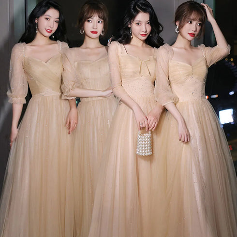 A-Line Illusion Bridesmaid Dress With Elegant Details And Subtle Sequins, Half Sleeves, Tulle, And Ankle Length