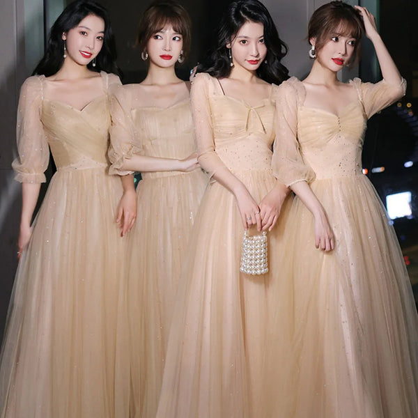 A-Line Illusion Bridesmaid Dress With Elegant Details And Subtle Sequins, Half Sleeves, Tulle, And Ankle Length