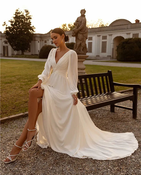 Boho Chiffon Long Sleeves A Line Wedding Dresses Custom Made