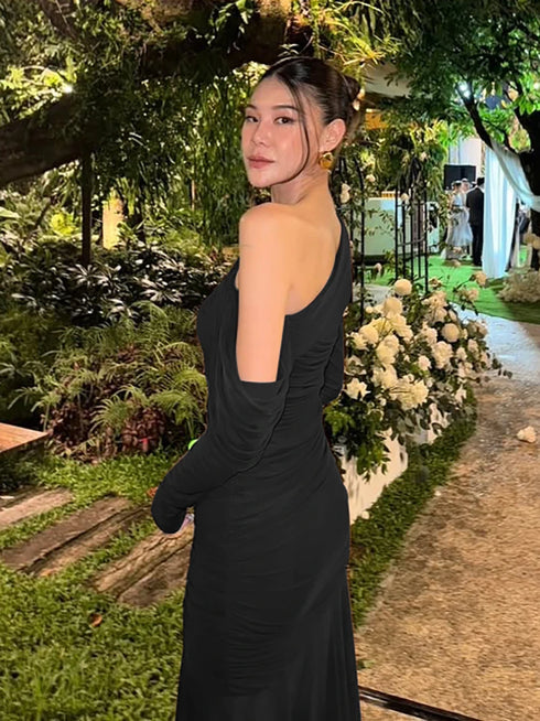 Oblique Shoulder Long Sleeve Maxi Dress for Women Elegant Patchwork Ruched Backless Slim Bodycon Dress
