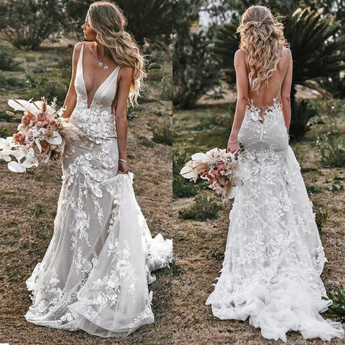 Vintage Mermaid Wedding Dress V-Neck 3D Flowers Appliques Boho Backless Bride Gown Sleeveless Train