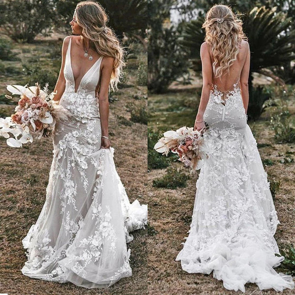 Vintage Mermaid Wedding Dress V-Neck 3D Flowers Appliques Boho Backless Bride Gown Sleeveless Train