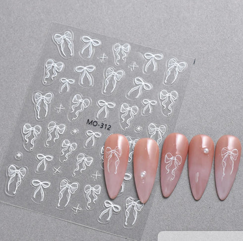 5D Embossed Nail Art Stickers - Semi-Transparent White Bowknots Adhesive Sliders for Creative Manicure Decorations and Nail Art Accessories