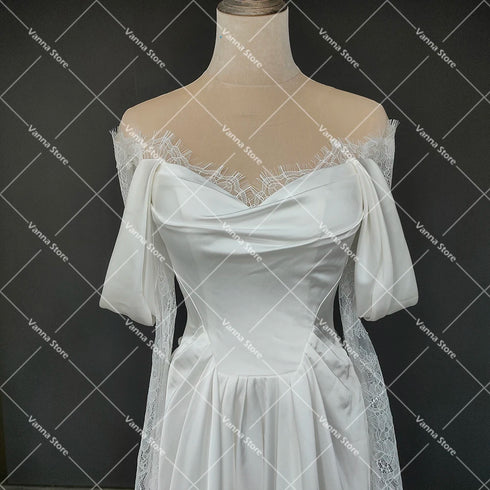 Customized Illusion Tulle Off Shoulder Lace Wedding Gowns A Line Long Sleeves Ruched Satin Bridal Dress