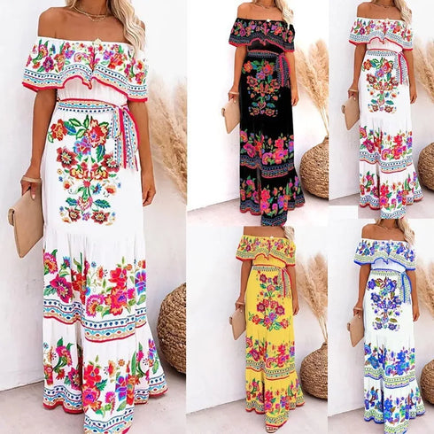 Elegant One-shoulder Short-sleeved Dress For Women Fashion Splicing Floral Print Dresses