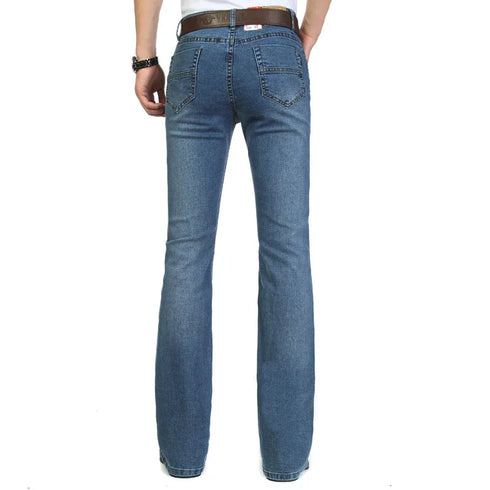 Male Bell Bottom Denim Trousers Slim Black Boot Cut Jeans Casual Business Flares Pants