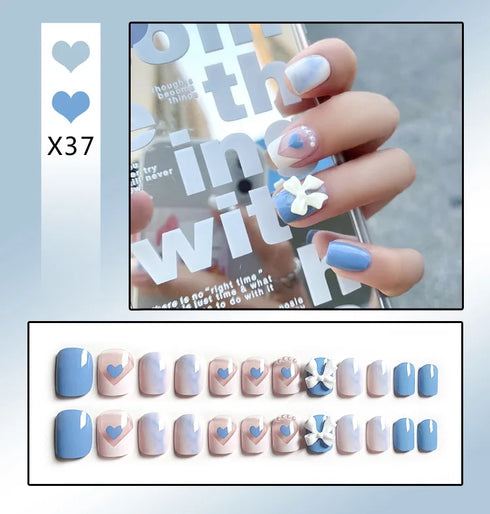 24Pcs Cute Bow Short Coffin Press On Nails - Artificial Full Cover Acrylic Nail Tips for Fall Season Nail Art Decor with Seamless Removable Designs