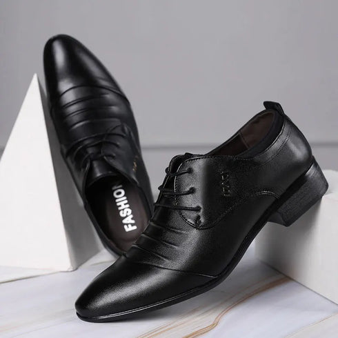 Elegant Lace-up White Leather Men's Formal Business Shoes with Pointed Toe