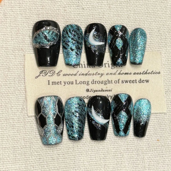 10-Piece Handmade Press-On Nail Set with Full Coverage, Shiny Cat Eye Design, Moon Rhinestones, and French Square Shape for a Stunning Autumn and Winter Look