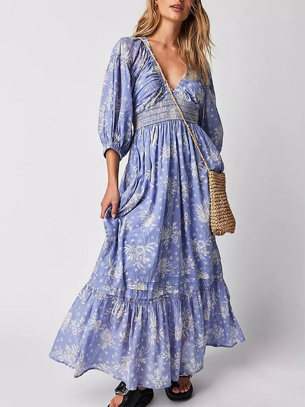 Floral Chic Boho Maxi Dress for Women Long Sleeve V-neck Spring Autumn Party Dress