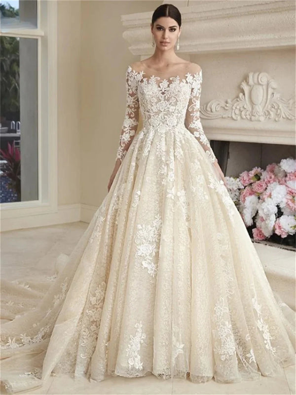 Simple Appliqued Wedding Dress Elegant Tulle Bridal Gown Long Sleeve