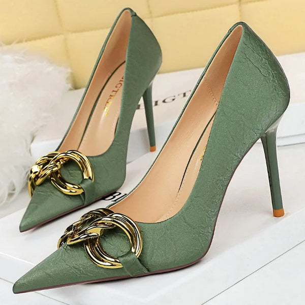 Women High Heels Escarpins Pumps with Metal Chain Detail