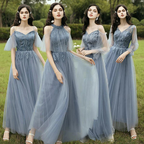 Elegant Off Shoulder Tulle A Line Dress Bridesmaid Dress With Appliques Lace Up Bridal Gown