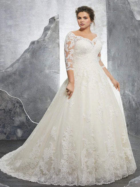 Chic Off-Shoulder A-Line Lace Applique Wedding Dress for Women with Half Sleeves