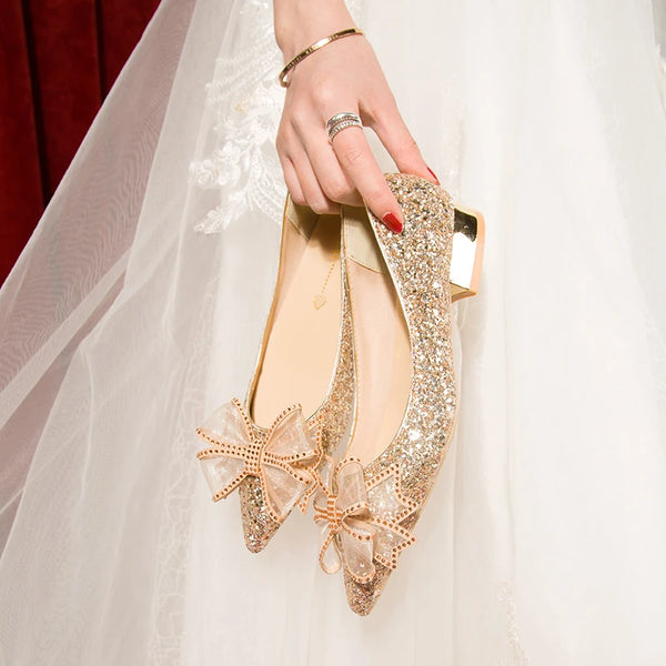Crystal Butterfly-Knot Flat Wedding Shoes Slip-On Pumps