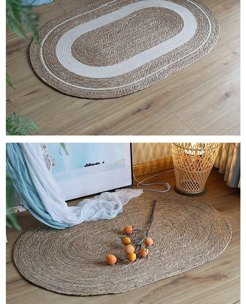 Woven Rattan Round Carpet Natural Straw Rug for Living Room Bedroom Floor Mat