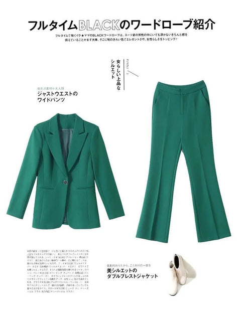 Elegant Women's Blazer Coat and Trousers Suit Set - Stylish Casual Outfit for Office and Autumn Wear with Flare Pants and Slim Fit Design