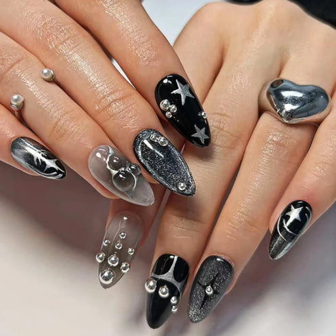 Punk Style Black Flame Love Heart Press On Nails with Butterfly and Star Charms - Long Pointed False Nail Art for Y2K Manicure and Parties