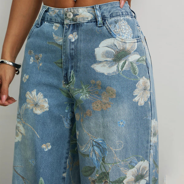 Baggy Denim Jeans Floral Print Harajuku Style Loose Wide Leg Trousers For Women Casual