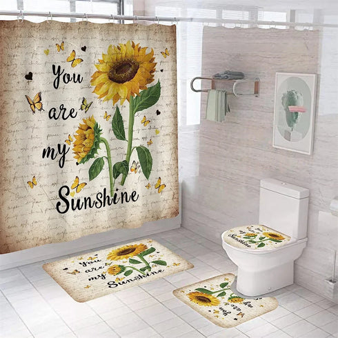 4 Piece Doormat Shower Curtain Set with Non-Slip Rugs Toilet Seat Cover and Bath Carpet for Bathroom Decor