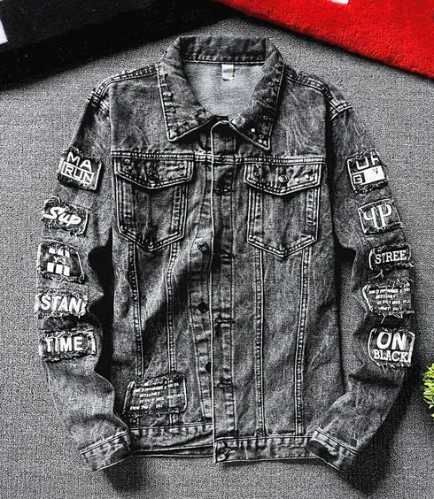 Men's Slim Fit Ripped Denim Jacket with Print for Hip Hop Style - Trendy Outerwear for Dance and Casual Wear
