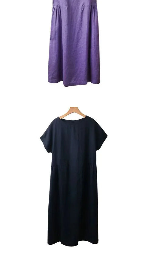 Loose Fit Slimming Cotton Linen Dress for Women Summer Plus Size Mid-Length Skirt