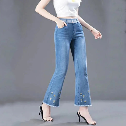 Casual Flared Jeans for Women - Spring Summer Korean Fashion with Embroidery and Elastic Waist - Perfect Outfit Ideas for Streetwear and Fall Jeans Outfits